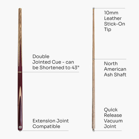 Baize Master PURPLE HEART 57 Inch 3 Piece Length Adjustable Double Joint Ash Snooker Pool Cue with 9.5mm Tip + Mini Butt - Shorten to 43 Inches