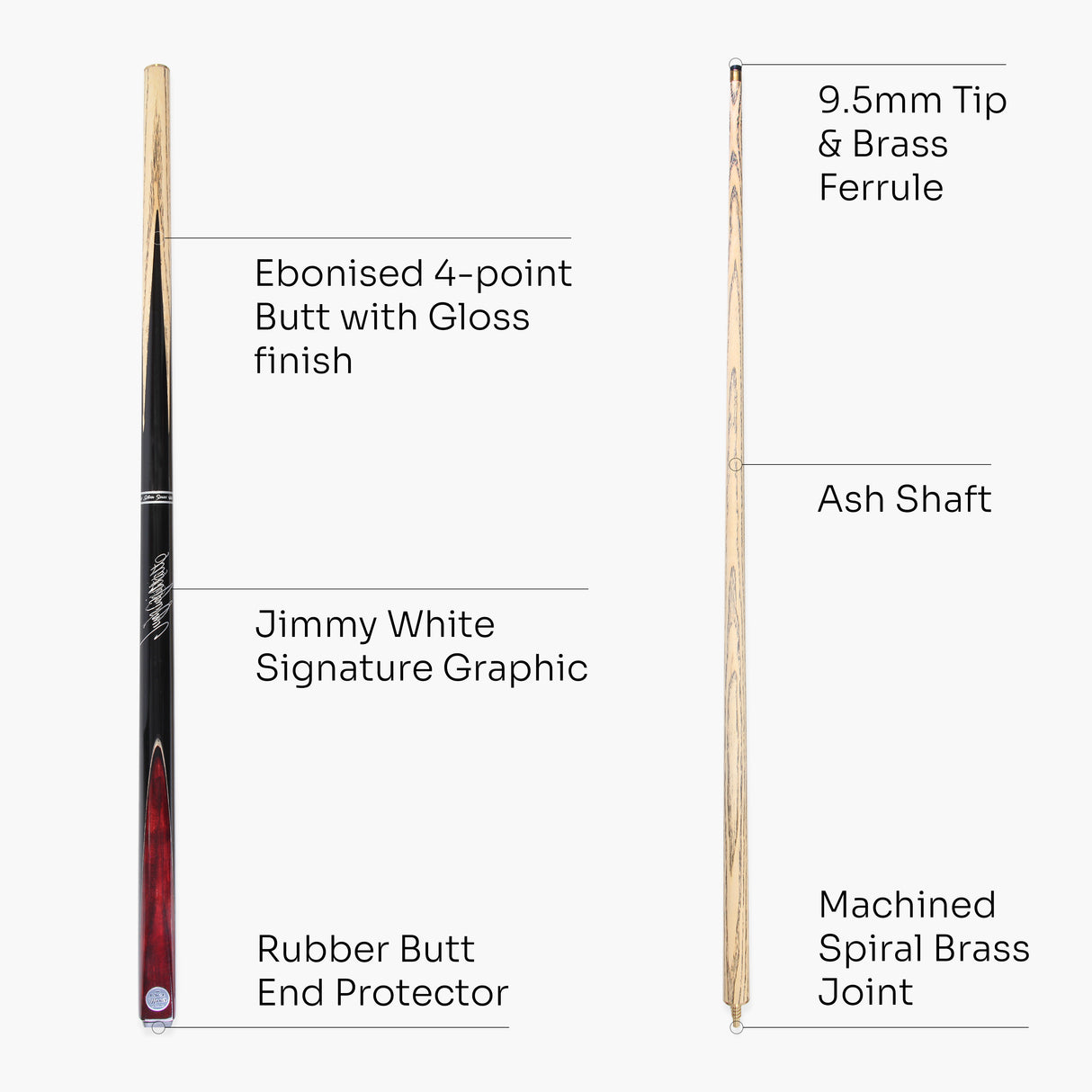 Baize Master JIMMY WHITE Signature CONQUEST 52 Inch 2 Piece Kids Snooker Pool Cue 9.5mm Tip