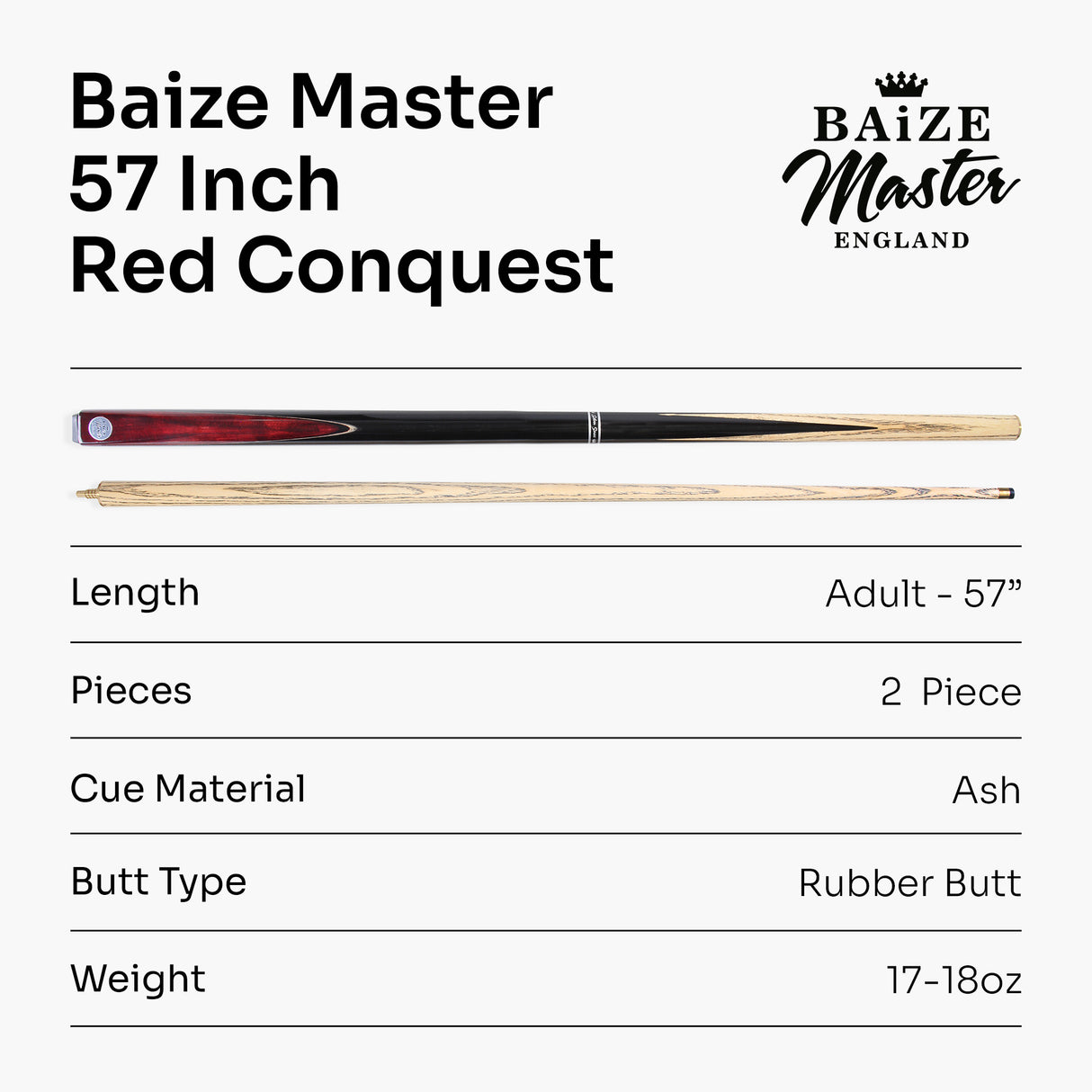 Baize Master 57 Inch CONQUEST 2 Piece Snooker Pool Cue Matching Ash Shaft 9.5mm Tip