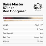 Baize Master 57 Inch CONQUEST 2 Piece Snooker Pool Cue Matching Ash Shaft 9.5mm Tip