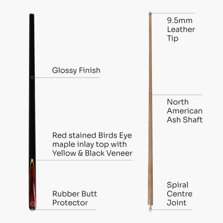 BCE Red Birds Eye 57 Inch 2 Piece Snooker Pool Cue and Case Set 9.5mm Tip