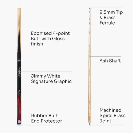Baize Master 57 Inch Jimmy White Signature VICTORY 2 Piece Ash Snooker Pool Cue with 9.5mm Layered Tip