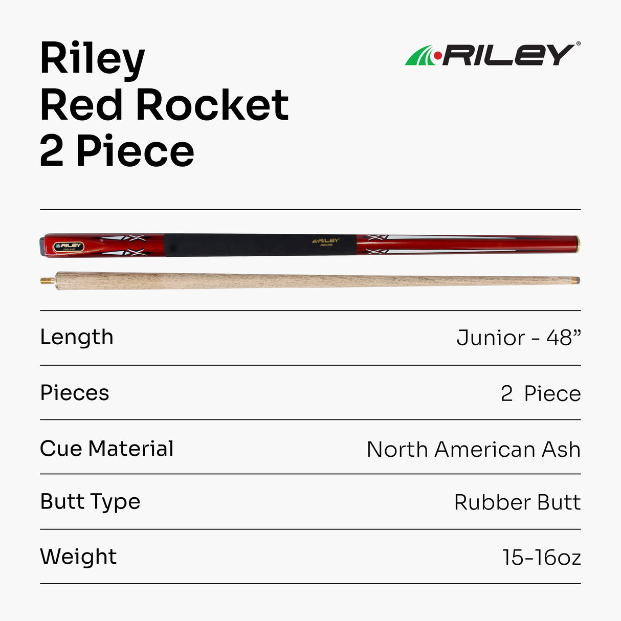 RILEY 48 Inch JUNIOR RED ROCKET 2pc Ash Pool Snooker Cue Ideal for Home & Kids