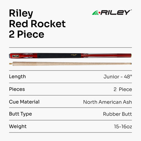 RILEY 48 Inch JUNIOR RED ROCKET 2pc Ash Pool Snooker Cue Ideal for Home & Kids