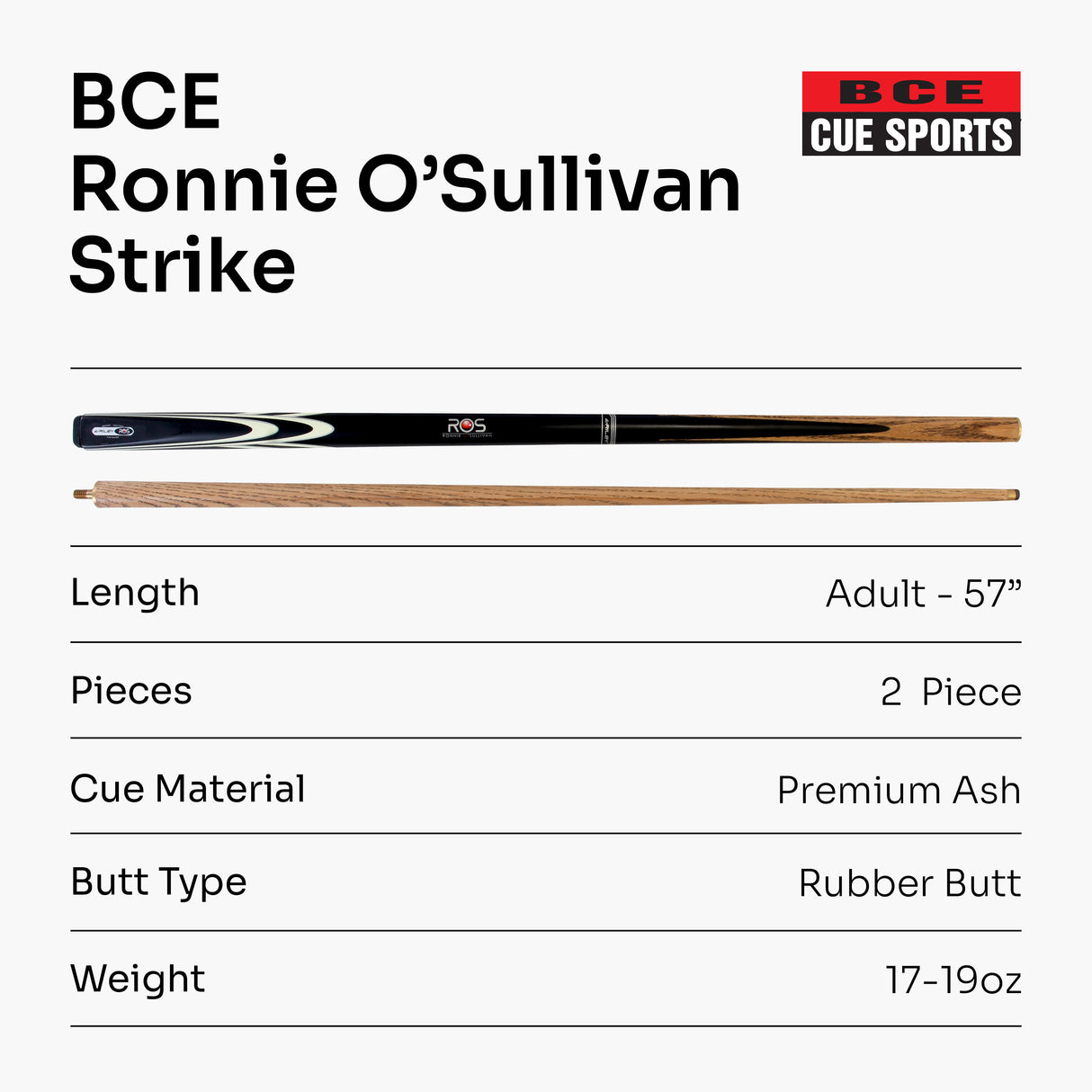 Riley Ronnie O'Sullivan STRIKE 57 Inch 2 Piece Centre Joint Snooker Pool Cue 9.5mm Tip