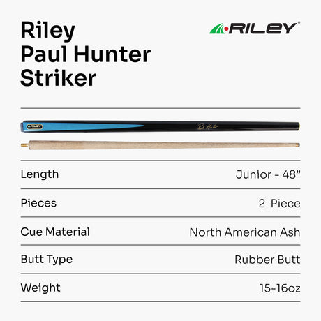 Riley Paul Hunter Striker 48 Inch 2 Piece Kids Snooker Pool Cue and Case Set 9.5mm Tip