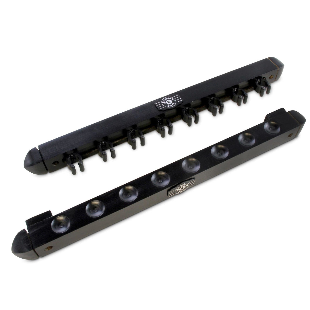 Jonny 8 Ball 2pc BLACK Colour 8 Way Plastic Clip Wall Mounted Snooker and Pool Cue Rack - holds 8 Cues