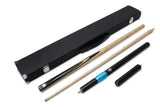 PRO147 CLASSIC EBONY MAPLE P2/E 57 Inch Snooker Pool Cue Set 2pc Centre Joint Non-matching Ash Cue with PRO147 Long Telescopic Extension, Mini Butt and 3 Slot Case - 9.5mm Tip