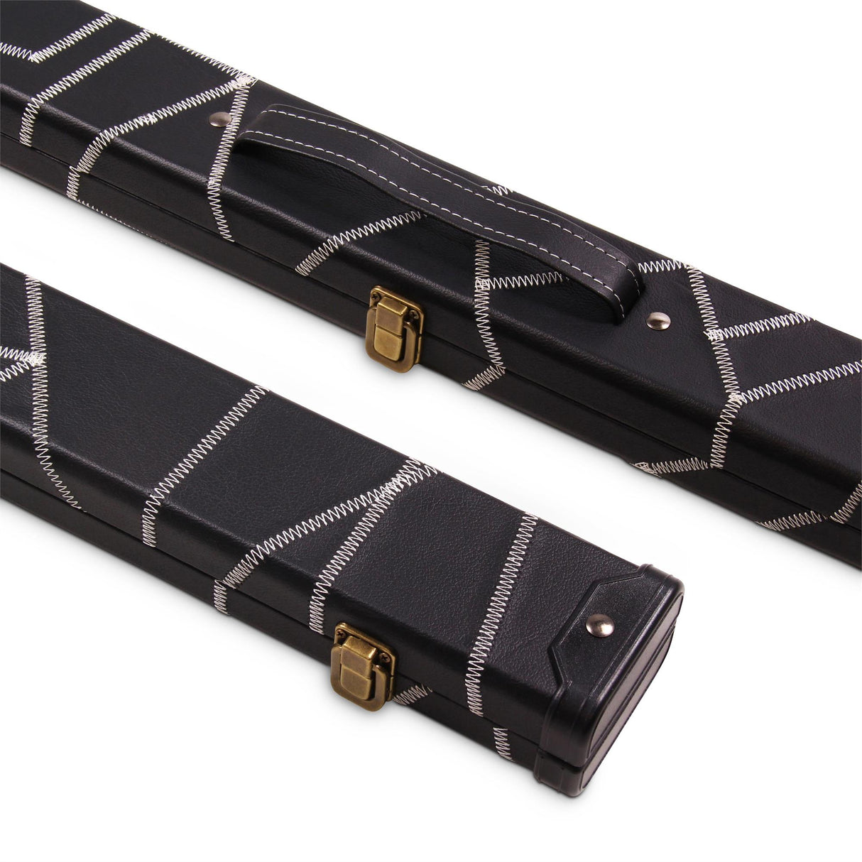Deluxe 1 Piece 2 Slot BLACK with CRAZY WHITE STITCH Cue Case with Plastic Ends and Chalk Compartment - All Black Interior