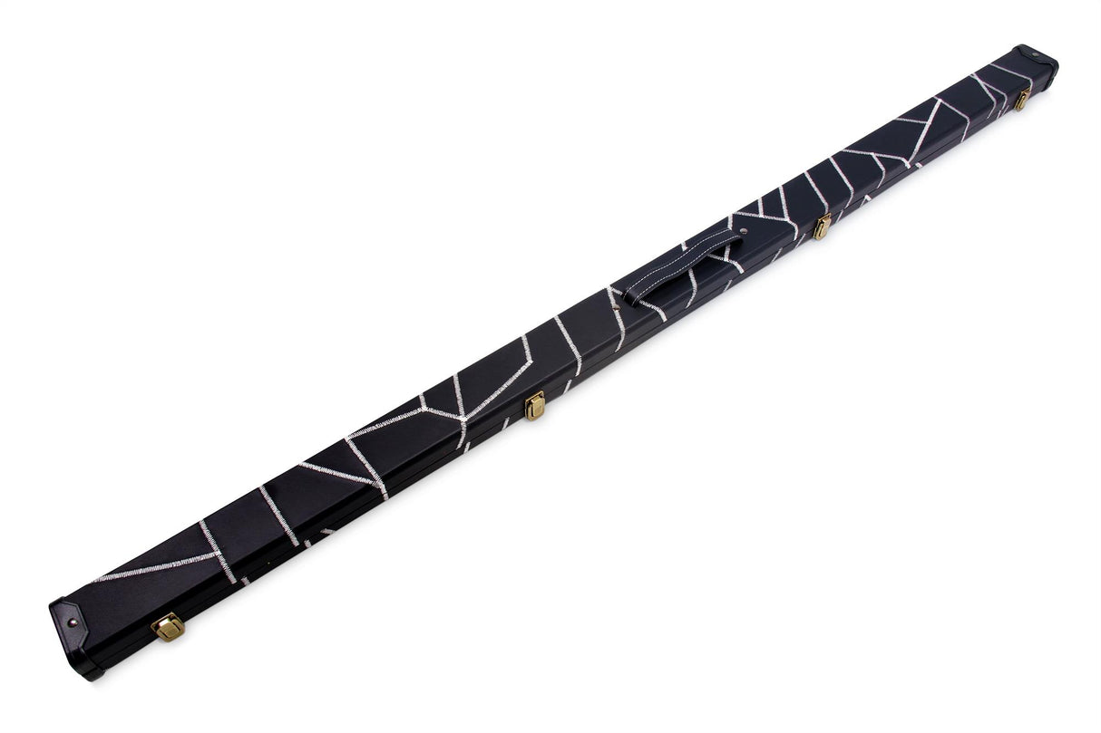 Deluxe 1 Piece 2 Slot BLACK with CRAZY WHITE STITCH Cue Case with Plastic Ends and Chalk Compartment - All Black Interior