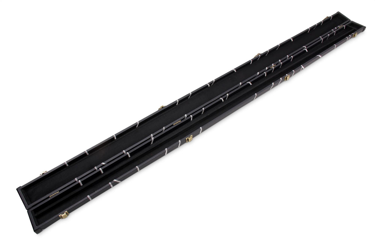 Deluxe 1 Piece 2 Slot BLACK with CRAZY WHITE STITCH Cue Case with Plastic Ends and Chalk Compartment - All Black Interior