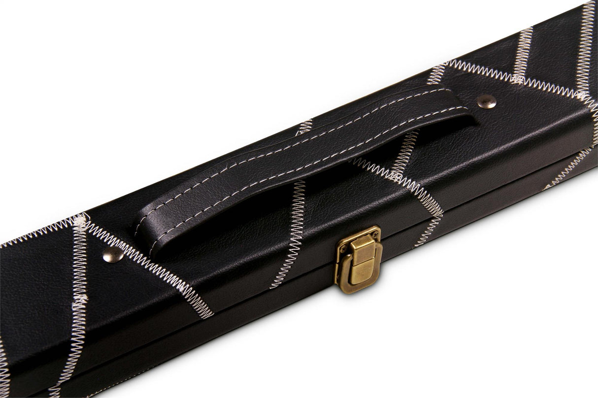 Deluxe 1 Piece 2 Slot BLACK with CRAZY WHITE STITCH Cue Case with Plastic Ends and Chalk Compartment - All Black Interior