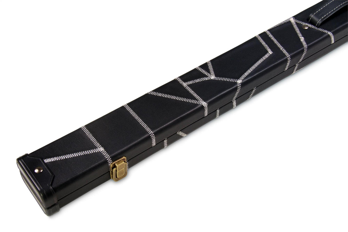 Deluxe 1 Piece 2 Slot BLACK with CRAZY WHITE STITCH Cue Case with Plastic Ends and Chalk Compartment - All Black Interior