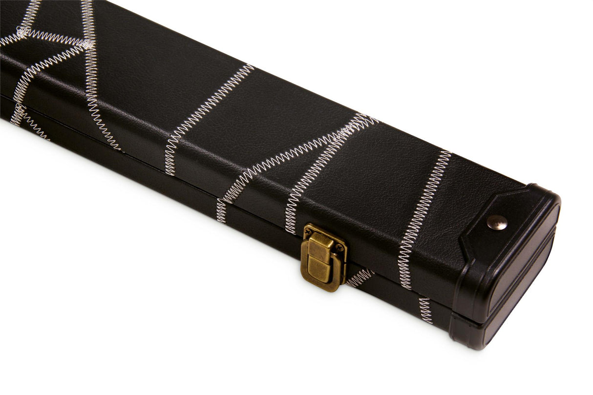 Deluxe 1 Piece 2 Slot BLACK with CRAZY WHITE STITCH Cue Case with Plastic Ends and Chalk Compartment - All Black Interior