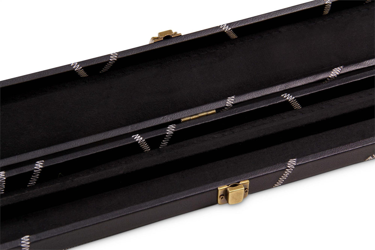 Deluxe 1 Piece 2 Slot BLACK with CRAZY WHITE STITCH Cue Case with Plastic Ends and Chalk Compartment - All Black Interior