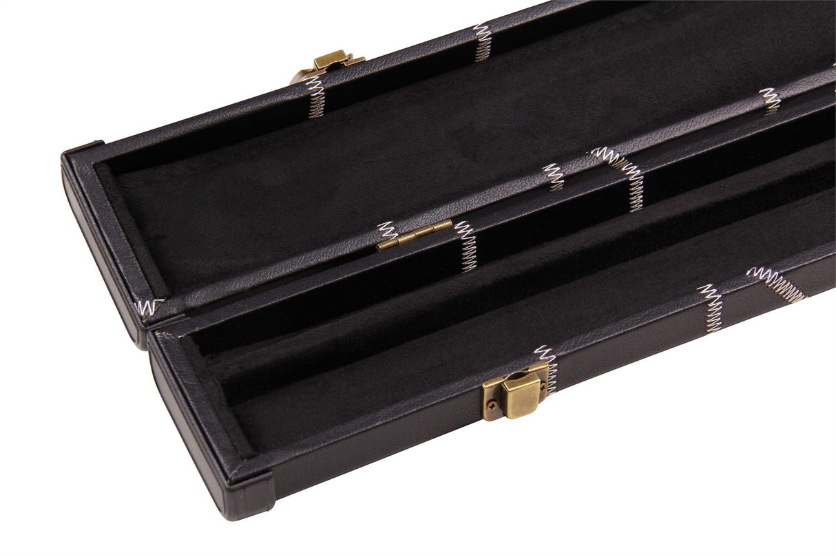 Deluxe 1 Piece 2 Slot BLACK with CRAZY WHITE STITCH Cue Case with Plastic Ends and Chalk Compartment - All Black Interior