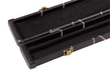 Deluxe 1 Piece 2 Slot BLACK with CRAZY WHITE STITCH Cue Case with Plastic Ends and Chalk Compartment - All Black Interior