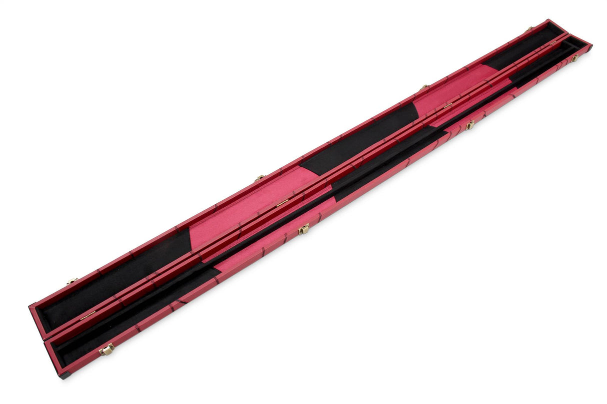 Deluxe 1 Piece 2 Slot BURGUNDY with CRAZY BLACK STITCH Cue Case with Plastic Ends and Chalk Compartment - Black and Burgundy Interior