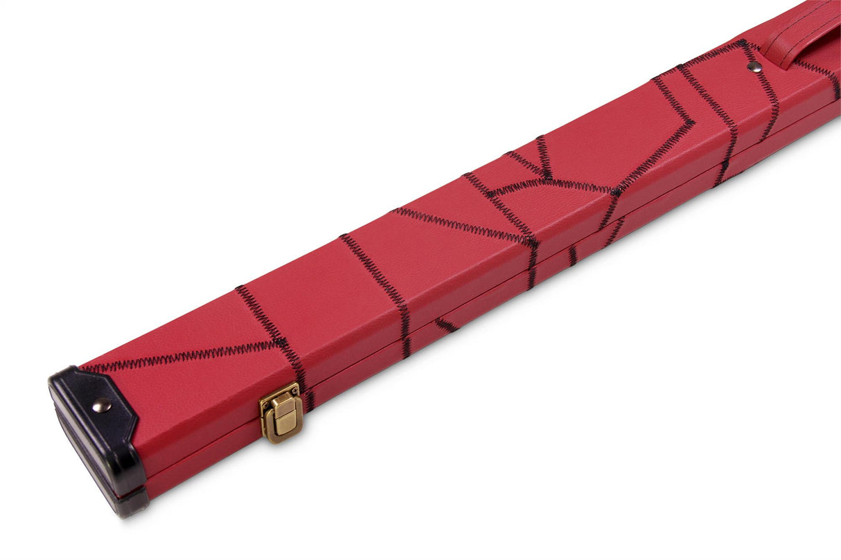 Deluxe 1 Piece 2 Slot BURGUNDY with CRAZY BLACK STITCH Cue Case with Plastic Ends and Chalk Compartment - Black and Burgundy Interior