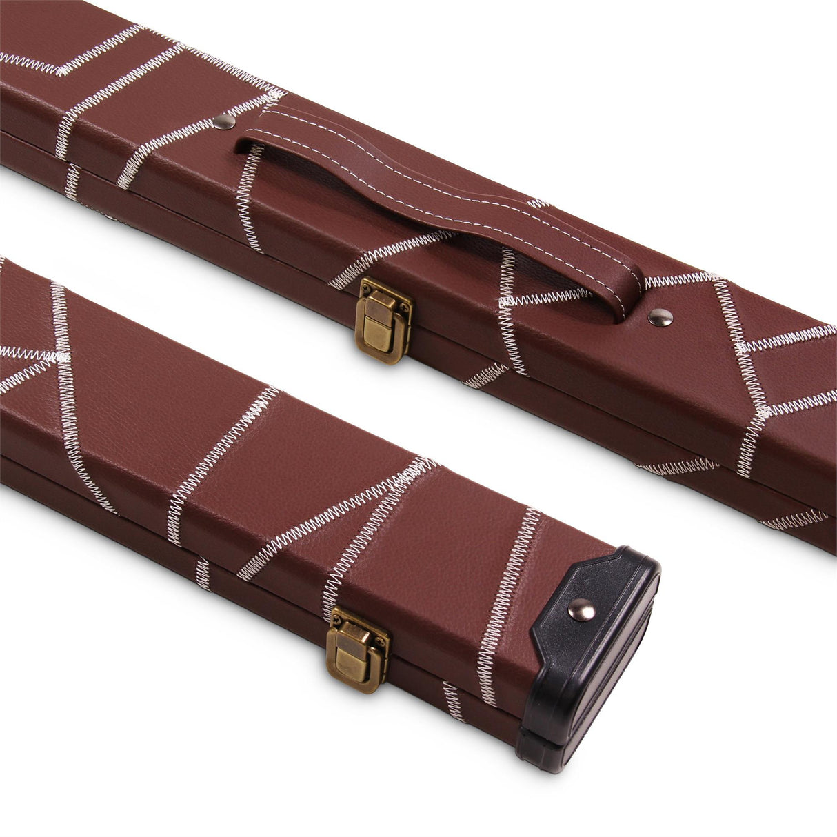 Deluxe 1 Piece 2 Slot BROWN with CRAZY WHITE STITCH Cue Case with Plastic Ends and Chalk Compartment - Black and Brown Interior