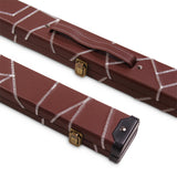 Deluxe 1 Piece 2 Slot BROWN with CRAZY WHITE STITCH Cue Case with Plastic Ends and Chalk Compartment - Black and Brown Interior