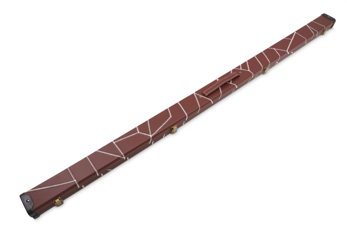 Deluxe 1 Piece 2 Slot BROWN with CRAZY WHITE STITCH Cue Case with Plastic Ends and Chalk Compartment - Black and Brown Interior