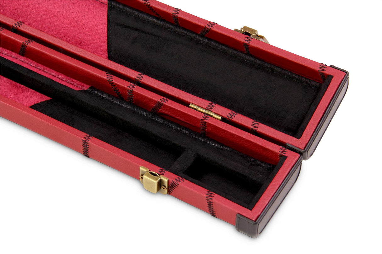 Deluxe 1 Piece 2 Slot BURGUNDY with CRAZY BLACK STITCH Cue Case with Plastic Ends and Chalk Compartment - Black and Burgundy Interior