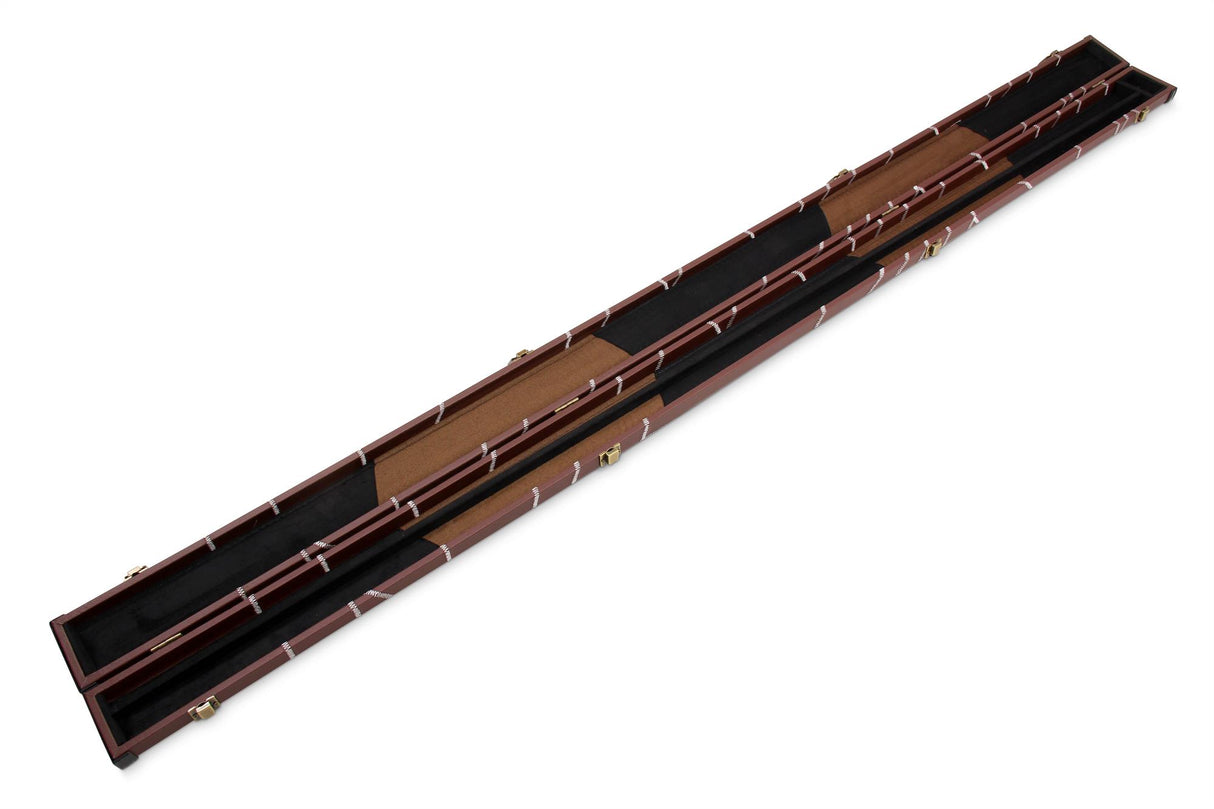 Deluxe 1 Piece 2 Slot BROWN with CRAZY WHITE STITCH Cue Case with Plastic Ends and Chalk Compartment - Black and Brown Interior