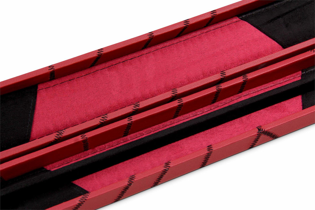 Deluxe 1 Piece 2 Slot BURGUNDY with CRAZY BLACK STITCH Cue Case with Plastic Ends and Chalk Compartment - Black and Burgundy Interior