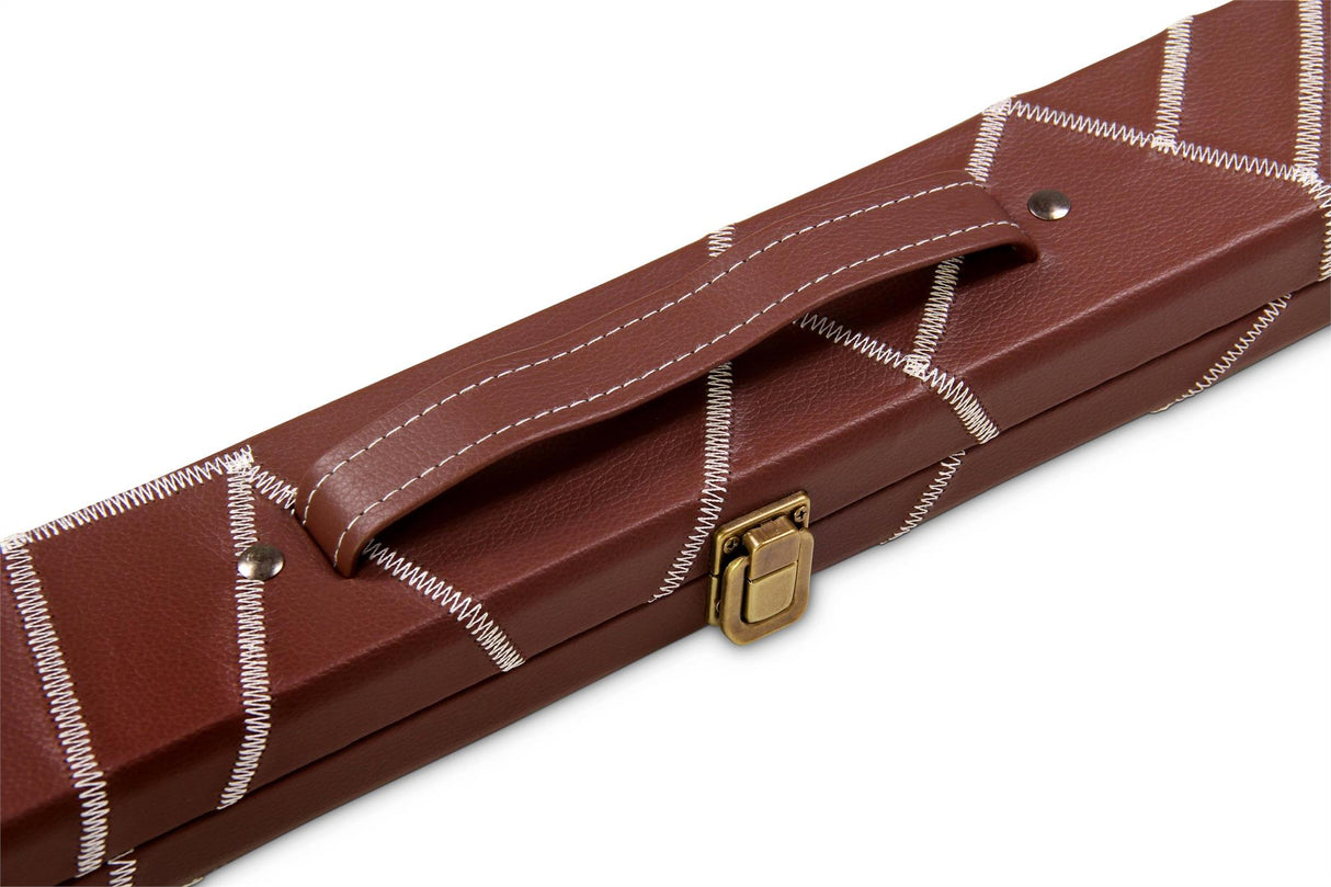 Deluxe 1 Piece 2 Slot BROWN with CRAZY WHITE STITCH Cue Case with Plastic Ends and Chalk Compartment - Black and Brown Interior