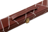 Deluxe 1 Piece 2 Slot BROWN with CRAZY WHITE STITCH Cue Case with Plastic Ends and Chalk Compartment - Black and Brown Interior
