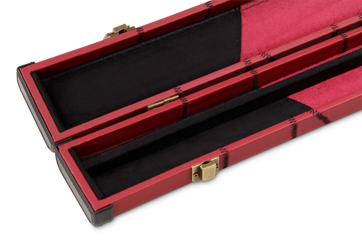Deluxe 1 Piece 2 Slot BURGUNDY with CRAZY BLACK STITCH Cue Case with Plastic Ends and Chalk Compartment - Black and Burgundy Interior
