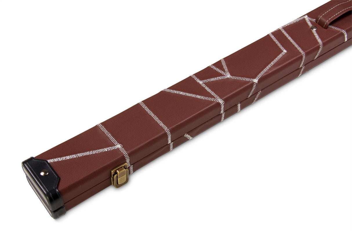 Deluxe 1 Piece 2 Slot BROWN with CRAZY WHITE STITCH Cue Case with Plastic Ends and Chalk Compartment - Black and Brown Interior