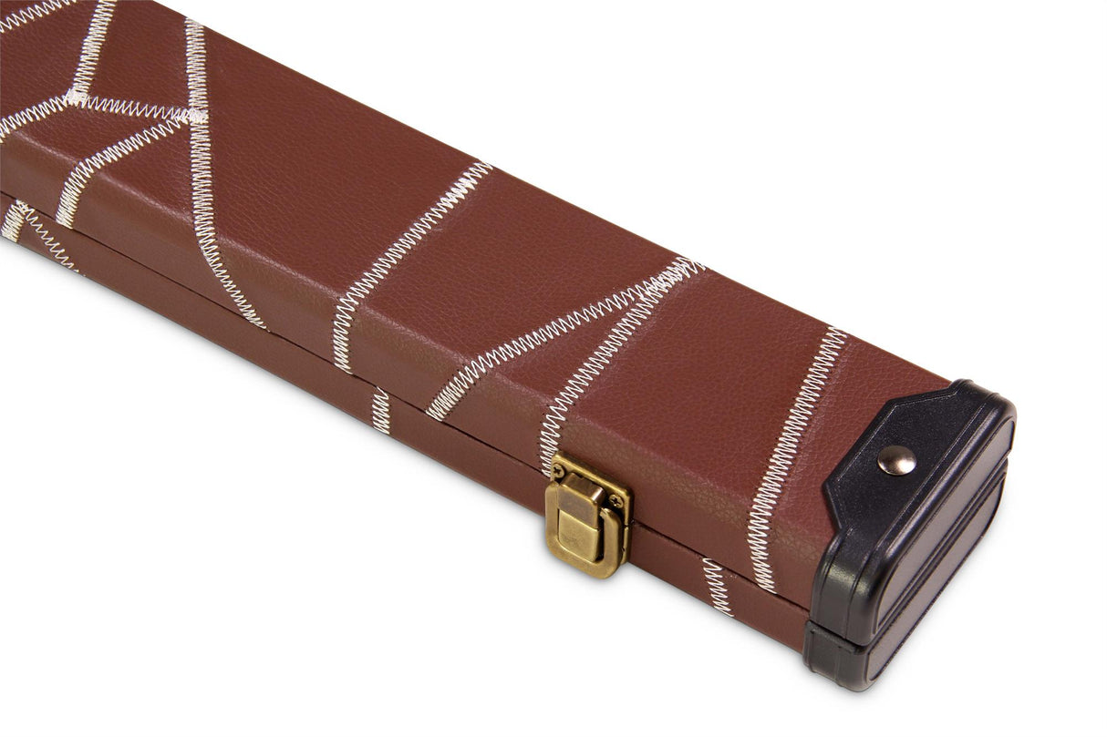 Deluxe 1 Piece 2 Slot BROWN with CRAZY WHITE STITCH Cue Case with Plastic Ends and Chalk Compartment - Black and Brown Interior