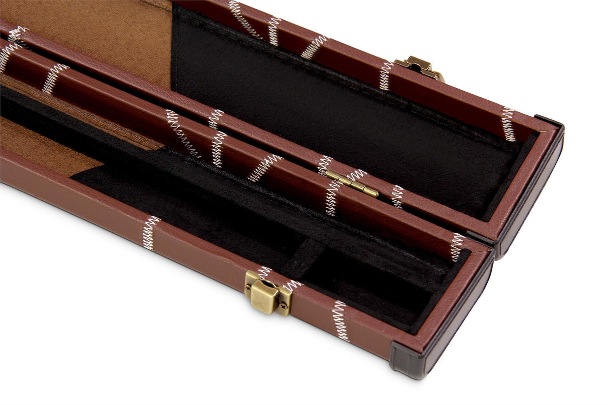 Deluxe 1 Piece 2 Slot BROWN with CRAZY WHITE STITCH Cue Case with Plastic Ends and Chalk Compartment - Black and Brown Interior