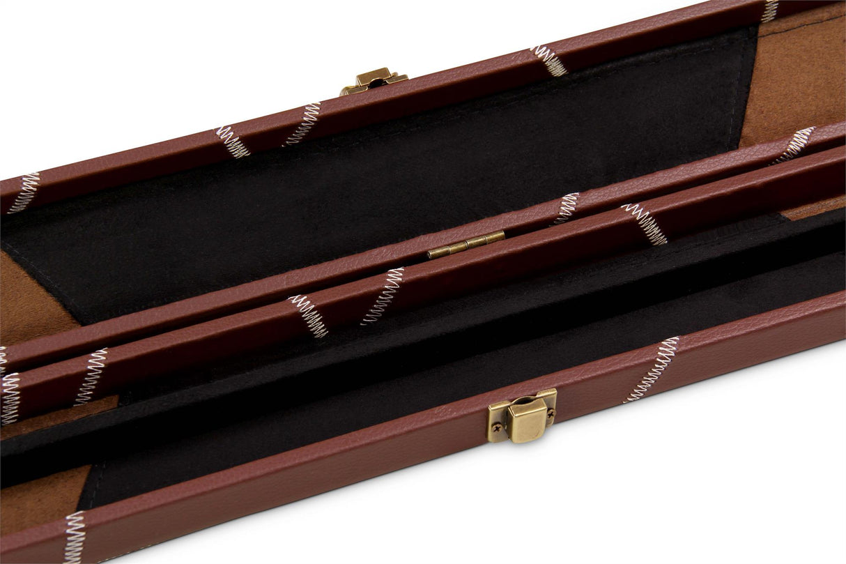 Deluxe 1 Piece 2 Slot BROWN with CRAZY WHITE STITCH Cue Case with Plastic Ends and Chalk Compartment - Black and Brown Interior