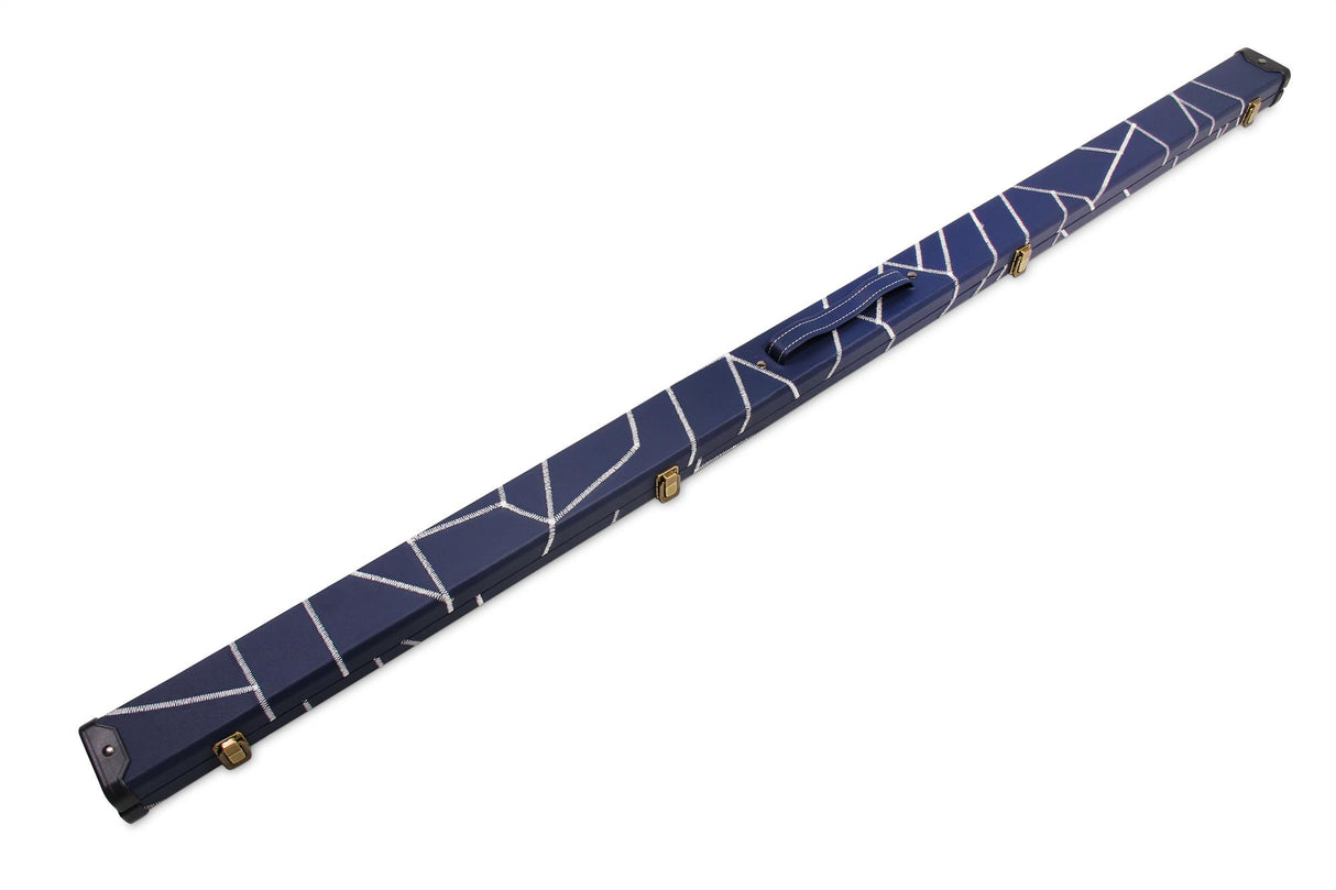Deluxe 1 Piece 2 Slot NAVY with CRAZY WHITE STITCH Cue Case with Plastic Ends and Chalk Compartment - Black and Navy Interior