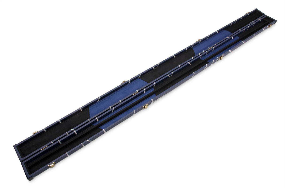 Deluxe 1 Piece 2 Slot NAVY with CRAZY WHITE STITCH Cue Case with Plastic Ends and Chalk Compartment - Black and Navy Interior