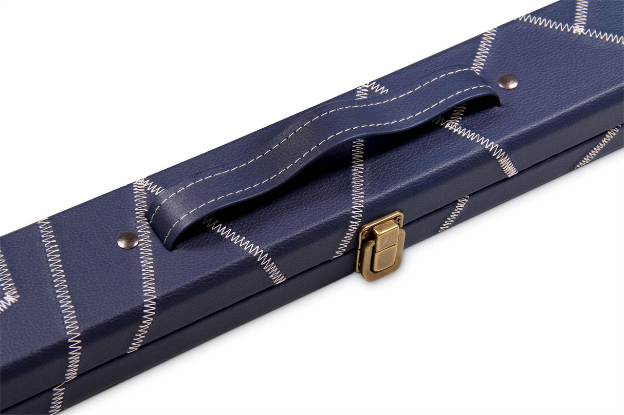 Deluxe 1 Piece 2 Slot NAVY with CRAZY WHITE STITCH Cue Case with Plastic Ends and Chalk Compartment - Black and Navy Interior