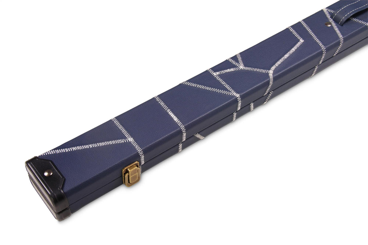 Deluxe 1 Piece 2 Slot NAVY with CRAZY WHITE STITCH Cue Case with Plastic Ends and Chalk Compartment - Black and Navy Interior