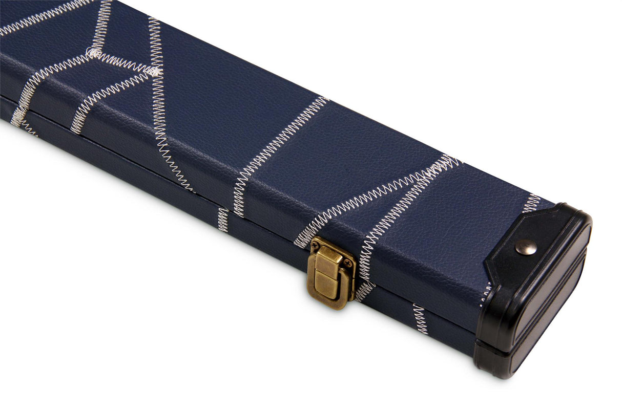 Deluxe 1 Piece 2 Slot NAVY with CRAZY WHITE STITCH Cue Case with Plastic Ends and Chalk Compartment - Black and Navy Interior