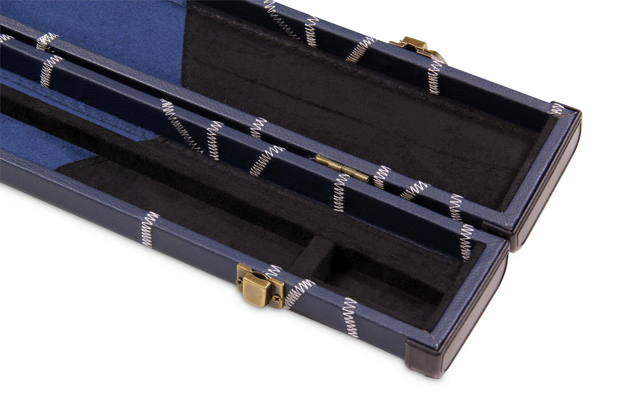 Deluxe 1 Piece 2 Slot NAVY with CRAZY WHITE STITCH Cue Case with Plastic Ends and Chalk Compartment - Black and Navy Interior