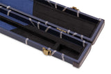 Deluxe 1 Piece 2 Slot NAVY with CRAZY WHITE STITCH Cue Case with Plastic Ends and Chalk Compartment - Black and Navy Interior