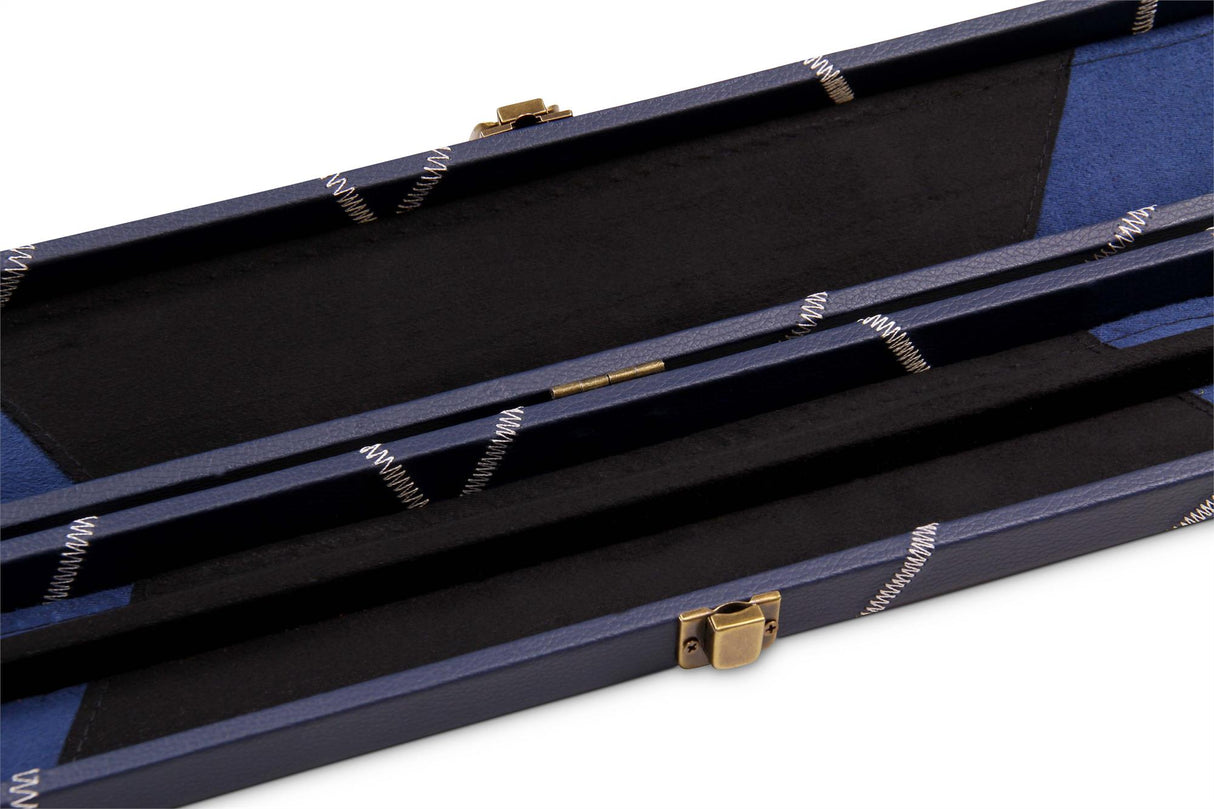 Deluxe 1 Piece 2 Slot NAVY with CRAZY WHITE STITCH Cue Case with Plastic Ends and Chalk Compartment - Black and Navy Interior