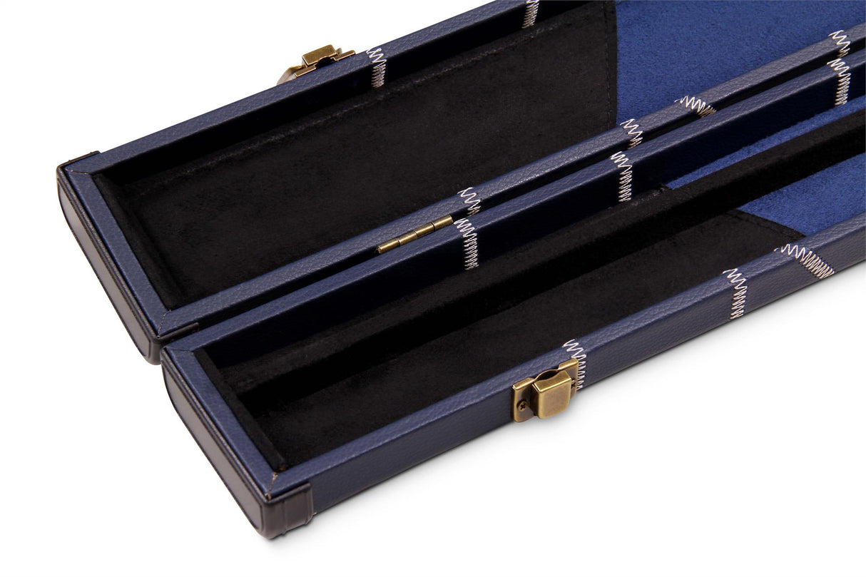 Deluxe 1 Piece 2 Slot NAVY with CRAZY WHITE STITCH Cue Case with Plastic Ends and Chalk Compartment - Black and Navy Interior