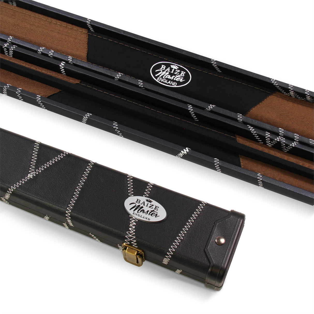 Baize Master WHITE STITCH 2pc Deluxe Snooker Pool Cue Case with Plastic Ends Black and Brown Interior
