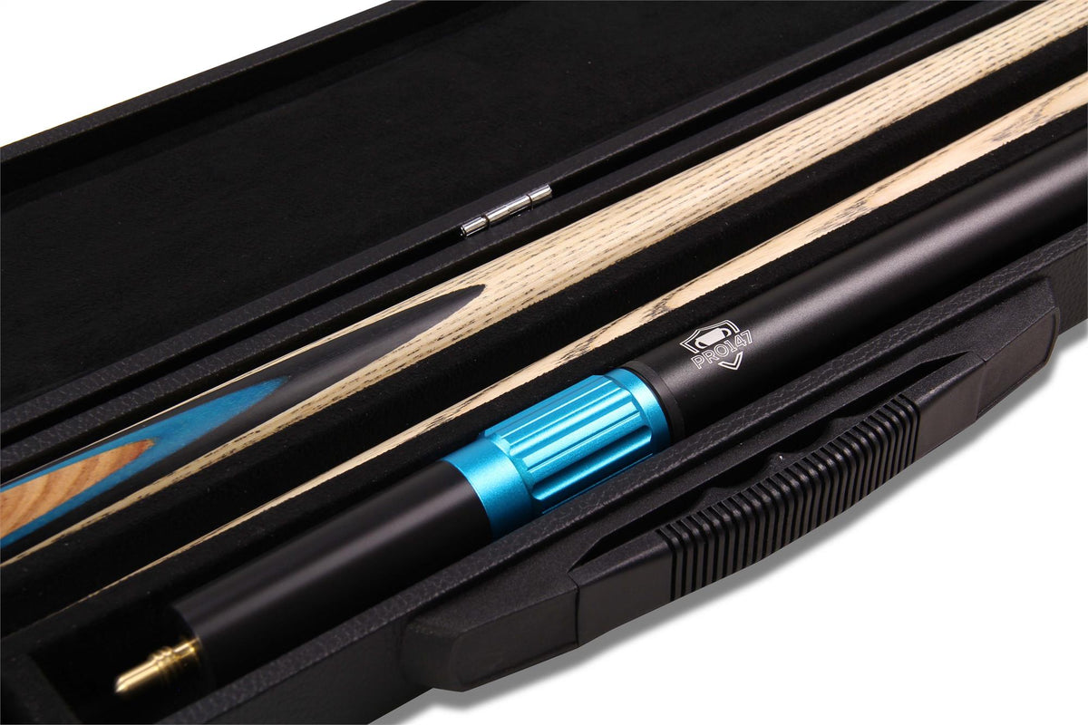 PRO147 CLASSIC SAPPHIRE FLARE P5/E 57 Inch Snooker Pool Cue Set 2pc Centre Joint Non-matching Ash Cue with PRO147 Long Telescopic Extension, Mini Butt and 3 Slot Case - 9.5mm Tip