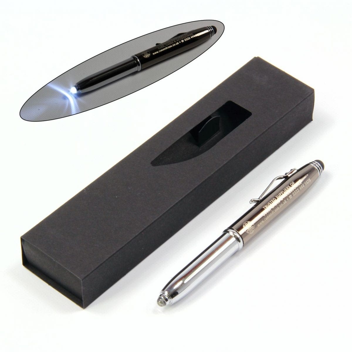 Cue & Case Quality Stainless Steel Pen & Stylus with Super Bright LED Light